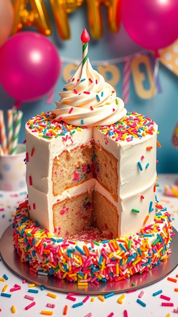A vibrant ice cream birthday cake with sprinkles and whipped cream, perfect for a 3rd birthday party.